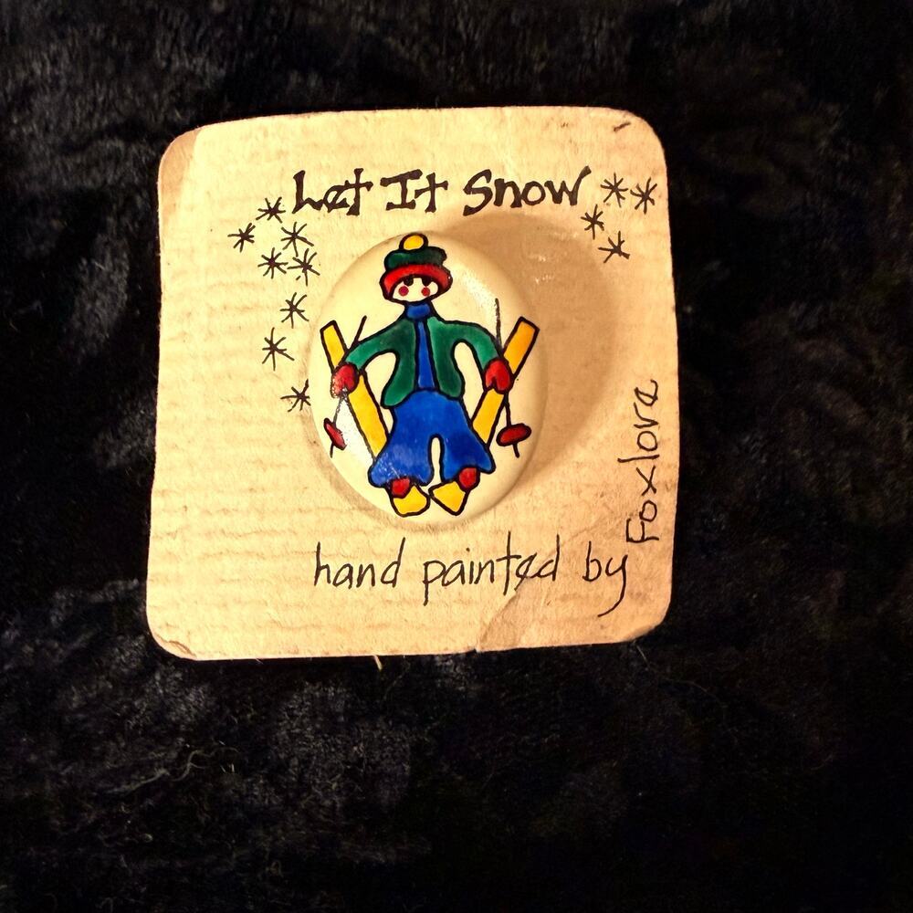 Vintage Artisan Let it Snow Skier Lapel Pin Hand Painted by Foxlore